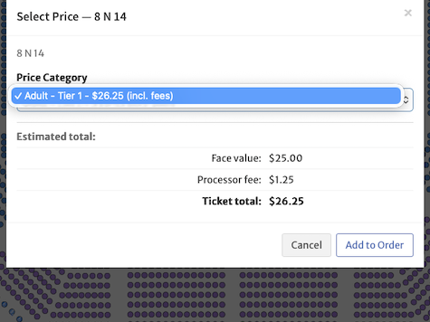 A patron picking a price in the TixPro 8 online store, with the ticket's face value, the processor fee and the total shown before it goes in the order