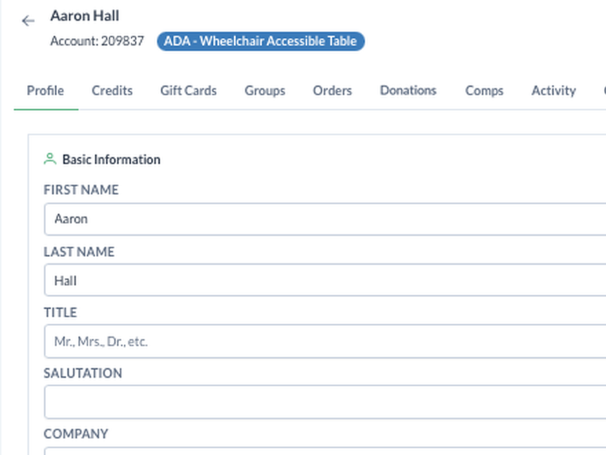 A patron record in TixPro 8: the name, the tabs for orders, donations, notes and history, and the contact details beneath them
