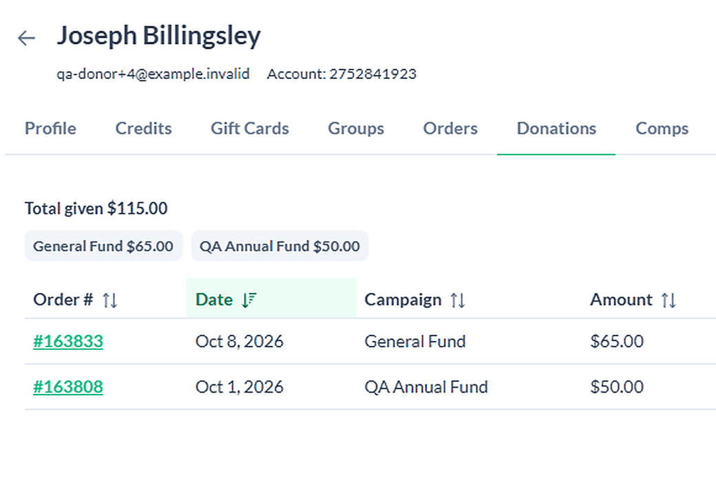 A patron's giving history in TixPro 8, totalled by fund and listed order by order