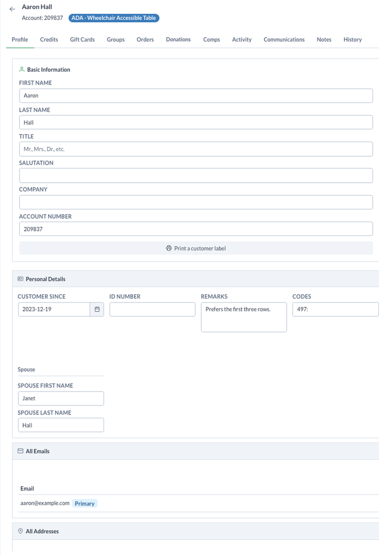 A patron profile in TixPro 8: contact details, preferences, household and the tabs for orders, donations, notes and history