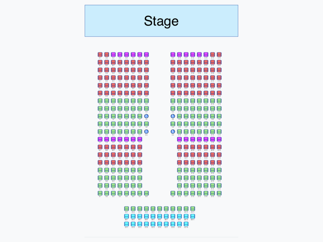 A TixPro 8 seating chart with every seat numbered and the ADA seats marked